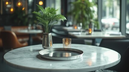 Fototapeta premium Minimalist restaurant interior with an empty round tray on a marble table, elegant decor, no people