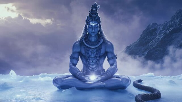 Meditation of a serene deity depicted against a mystical icy landscape