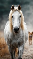 Majestic white horse walking confidently in a misty field with a playful dog in the background during early morning light