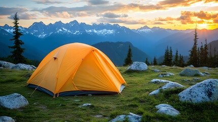 Orange Tent on Scenic Mountain Meadow at Sunset
