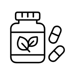 Outline herbal supplement bottle with leaf logo and capsules for natural health and wellness icon