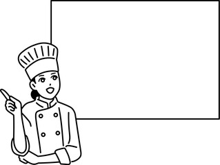 指を立ててひらめいている女性の料理人とフレーム