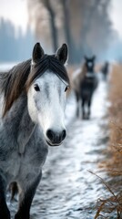 Obraz premium Horse in winter landscape with other horses in the background walking on a snowy path surrounded by frosty vegetation