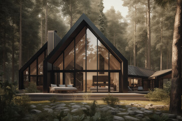 Private houses and villas in a modern architectural design against the backdrop of nature in the forest.