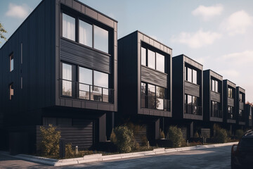 Private houses and villas in a modern architectural design against the backdrop of nature in the forest.