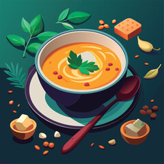 Vector illustration of a Creamy pumpkin soup. garnished.