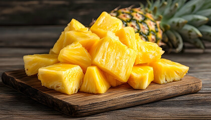 Freshly cut pineapple chunks on a wooden board with a whole pineapple in the background