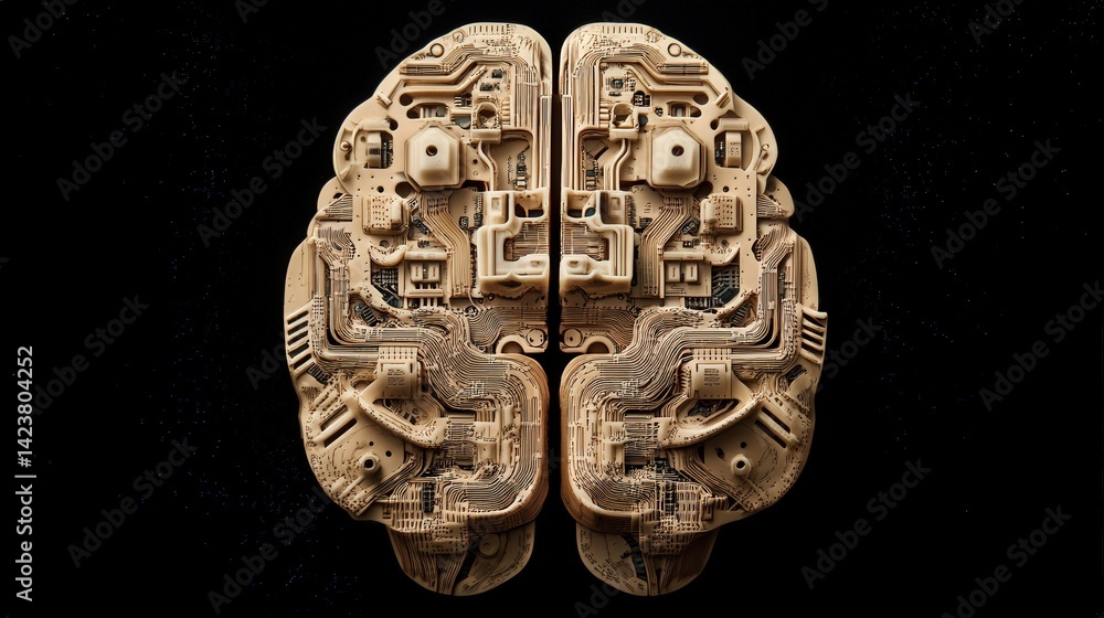Poster an intricate design where a circuit board is carefully arranged to mirror the shape of a brain