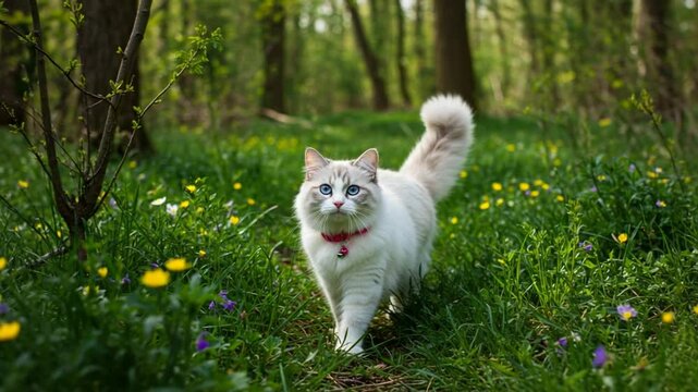 森の中歩く猫 柔らかな光 春の野花
