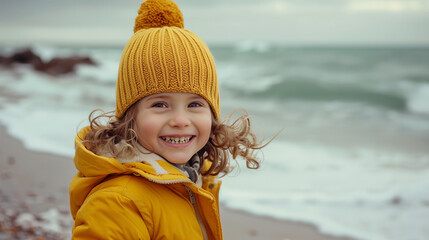 Child girl happy smiling outdoor walking on the beach kid 4 years old in yellow hat family travel vacations autumn season