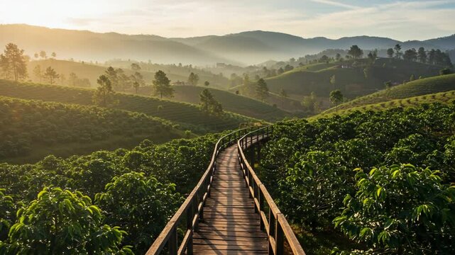 朝の光輝く緑茶畑、木道散歩。穏やか風景