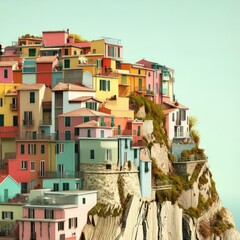 Fototapeta premium Vibrant hillside town, colorful buildings clinging to cliff