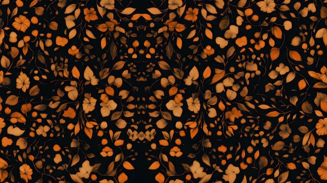 Dark background adorned with a repeating pattern of muted orange and brown flowers and leaves.
