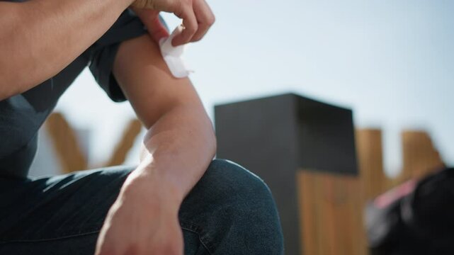 close up of white man seated on wooden bench outdoors applying nicotine patch to left arm, fingers pressing patch under daylight, wooden structure and greenery softly blurred in background