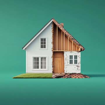 unique house design showcasing split structure, with one side featuring modern, well maintained exterior and other side revealing rustic, unfinished look. This contrast evokes curiosity