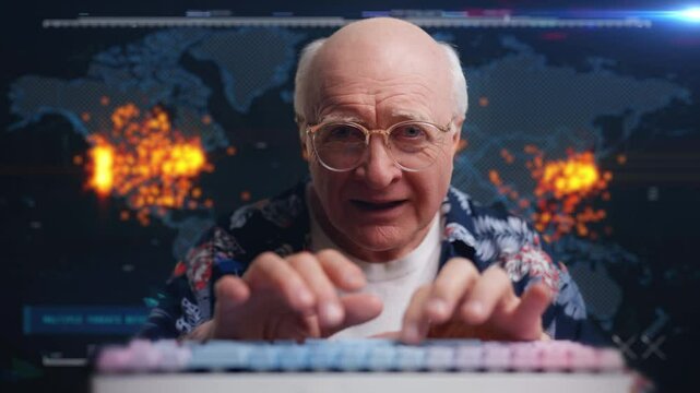 Funny senior man in glasses launching global hacking attack, typing on keyboard