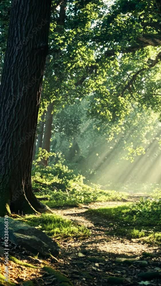 Aufkleber sunlit forest path with rays filtering through trees, captured from a low angle, creating a serene, 