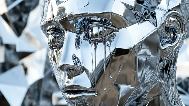 Futuristic shattered human face with melting liquid metal tears for digital art background