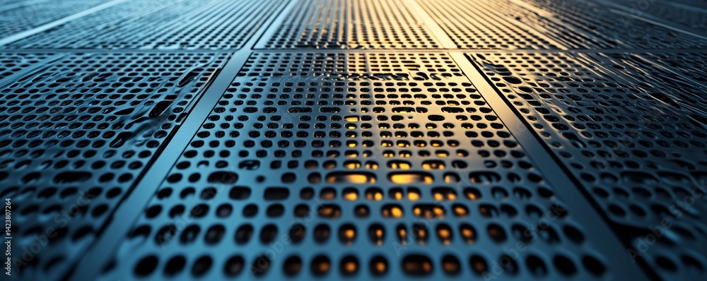 Poster Metallic grid structure forming a futuristic pattern with orange light