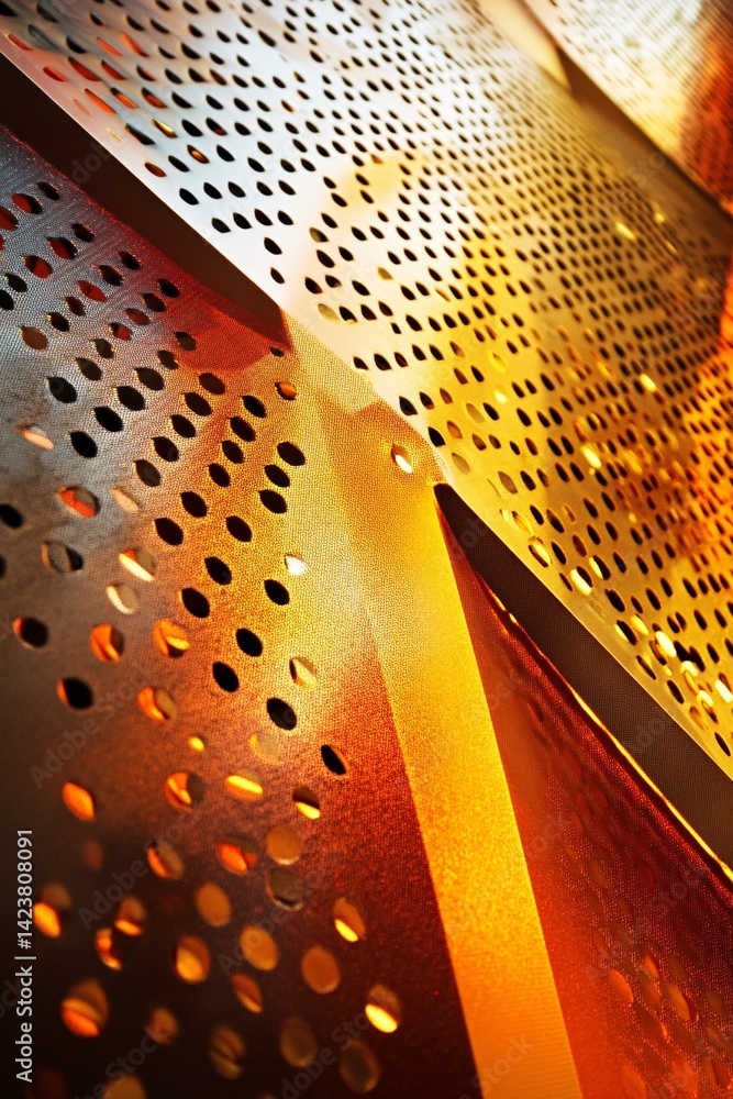 Poster perforated metal surface creating abstract industrial background with warm light
