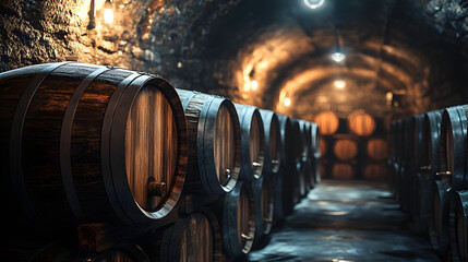Oak barrels cellar winery. Wooden kegs in wine storage. Alcoholic drinks aging process. Underground warehouse with fermented drinks. Wine tasting concept.