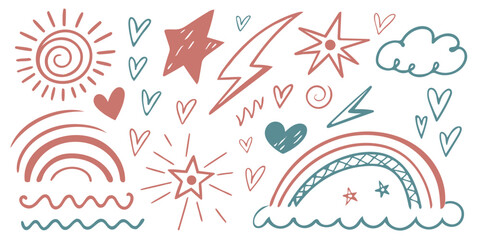Colorful doodles of sunshine, stars, hearts, and rainbows create a vibrant and playful atmosphere for creativity
