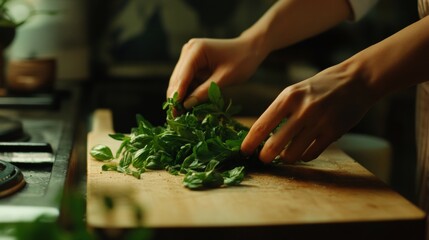 Chopping fresh herbs in a cozy kitchen, a delightful journey of self care through cooking
