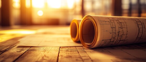 Rolled blueprints rest on wooden surface, illuminated by warm sunset light.  Architectural plans suggest a building design