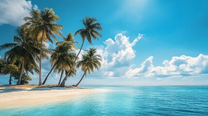 Picturesque tropical island with turquoise water and swaying palm trees