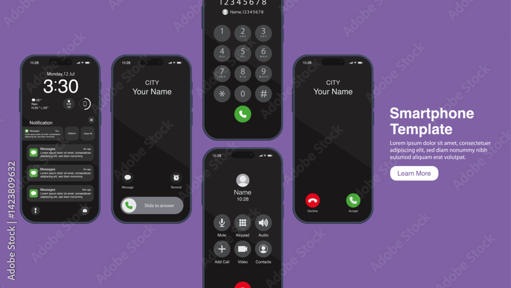 Poster smartphone ui mockup with incoming call, lock screen, dial pad, and notifications on purple backgrou