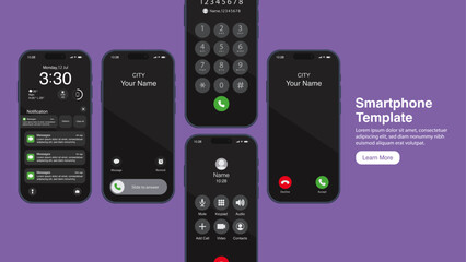Smartphone UI Mockup with Incoming Call, Lock Screen, Dial Pad, and Notifications on Purple Background – Mobile App Interface Template. Vector.