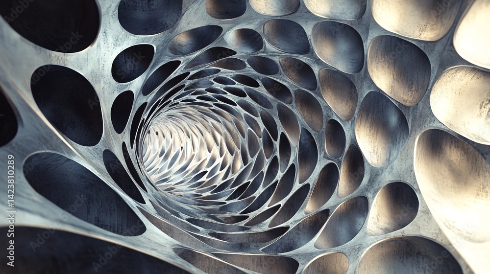 Poster abstract tunnel is winding with holes in a metallic material