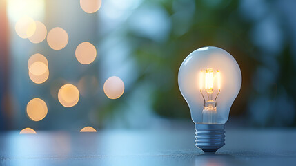 Single glowing light bulb outdoors against a blurred natural background with soft bokeh lights, representing inspiration, ideas, or illumination in an outdoor setting.
