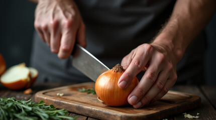 Obraz premium Close-up of male hands cutting fresh onion with knife on wooden cutting board