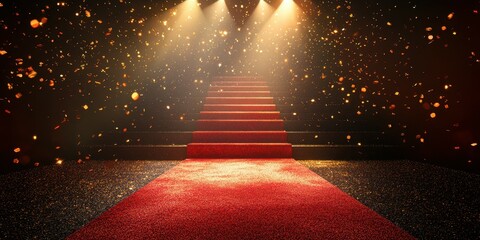 Illuminated red carpet leading up a staircase with confetti falling in a celebratory atmosphere during an evening event