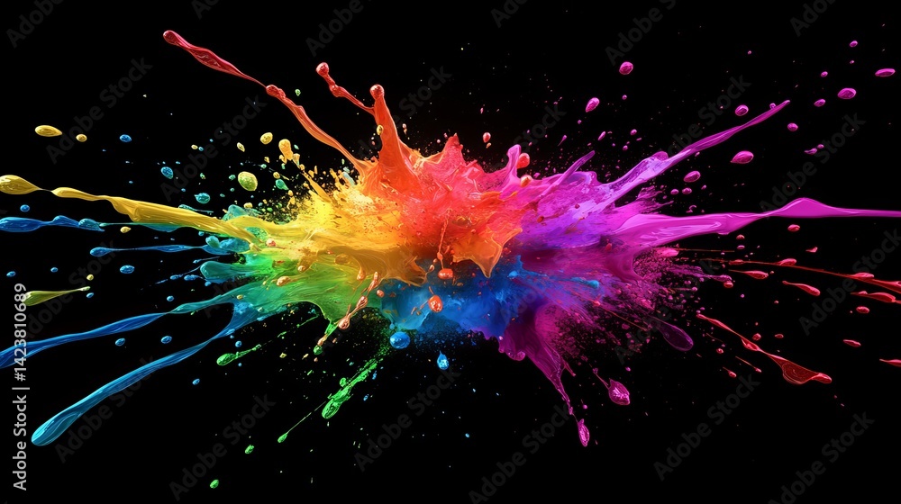 Poster vibrant rainbow paint explosion colorful splashes dynamic artistic design abstract background digita