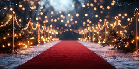 Elegant red carpet pathway adorned with golden rope barriers and festive lights during a winter evening celebration