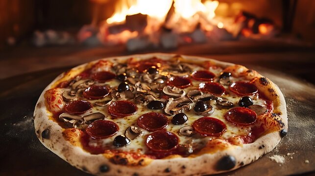 A wood fired pizza with pepperoni