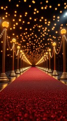 Elegant red carpet lined with golden stanchions and glowing lights at a grand event venue in the evening