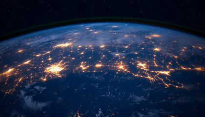 Obraz premium Night view of Earth from space, showing city lights