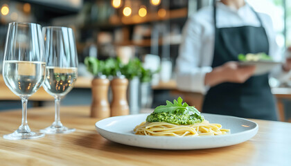 Pesto pasta dish on table with wine glasses, blurred chef in background