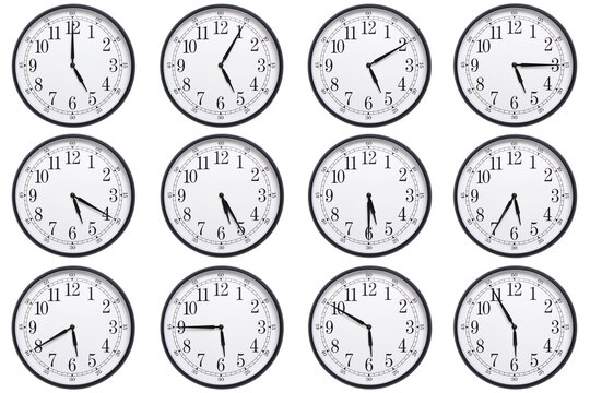 A sequence of 12 analog clocks showing each hour from 05:00 to 05:55 or 17:00 to 17:55. Clean white background ideal for concepts related to time, punctuality, or scheduling