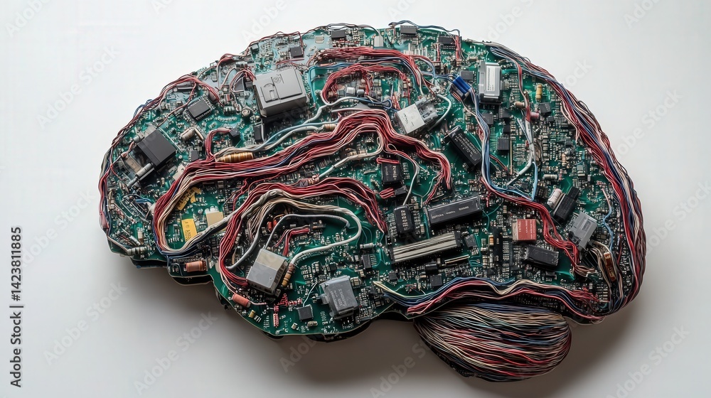 Poster the circuit board is reimagined into the shape of a brain, with wires and components linking togethe