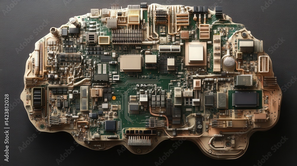 Poster the circuit board is reimagined into the shape of a brain, with wires and components linking togethe