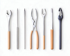 Seven assorted hand tools with wooden and metal handles arranged on a white background