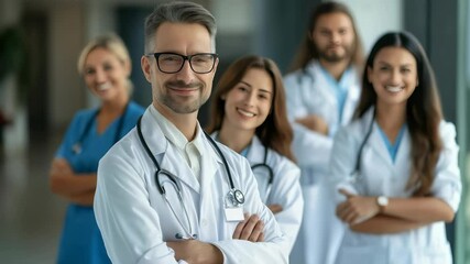 A group of medical professionals are posing in a clinic or hospital setting. The diverse team is in their medical coats and stethoscopes. They're all smiling and looking confident and proud. - Powered by Adobe