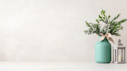 A turquoise vase with a bouquet of green foliage on a minimalist white shelf, adorned with a rustic lantern, and serene and elegant home decor concept.