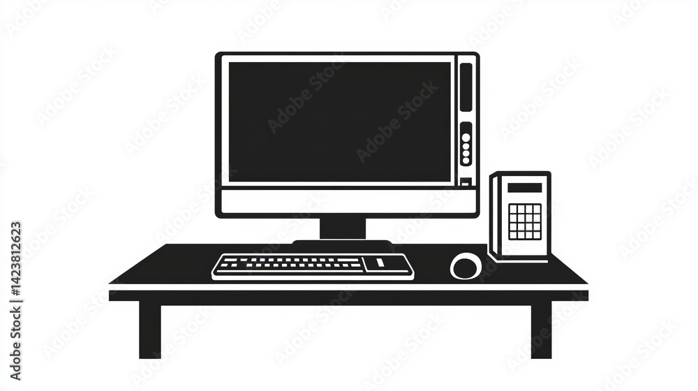 Poster simple black and white desktop computer icon illustration minimalist office workspace setup digital 