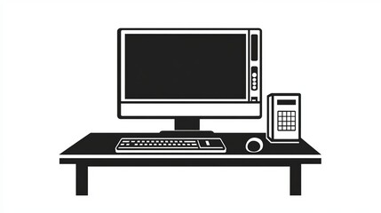Fototapeta premium Simple Black and White Desktop Computer Icon Illustration Minimalist Office Workspace Setup Digital Device Technology Image Modern PC Design Graphic Element for Website or App User Interface Design 