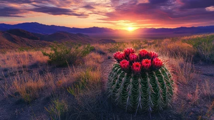 Fotobehang Desert landscape with flowering cactus against a mountain range at sunset. Background warm sky. Photo for travel © Zeva